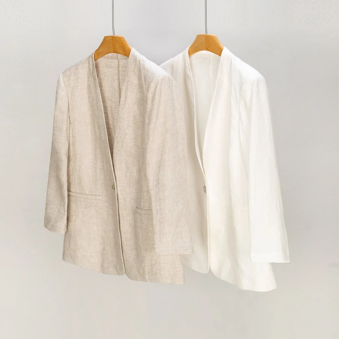 【清爽】夏日新款亚麻西装套装长裤时尚百搭宽松气质休闲显高显瘦