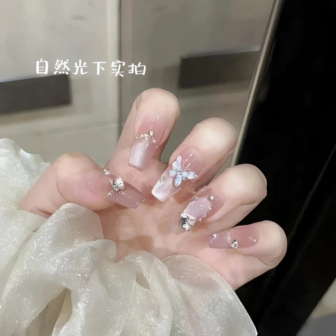 【月光银蝶】2025款 冰透渐变蝴蝶法式猫眼显白纯手工穿戴甲