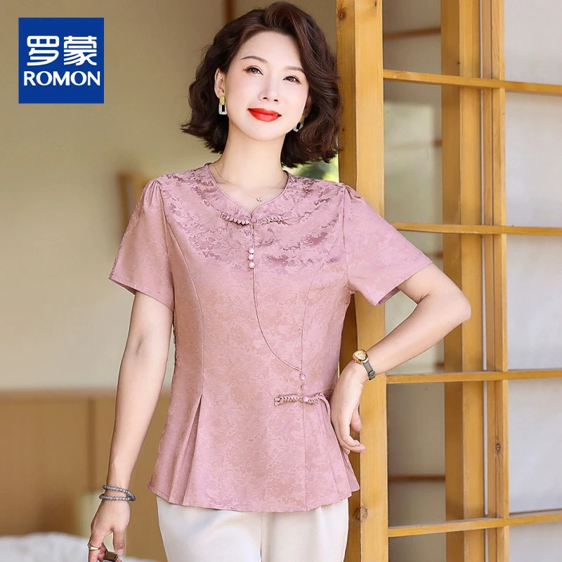 中年妈妈夏装短袖套装气质高贵小衫中老年女装夏季国风洋气上衣服