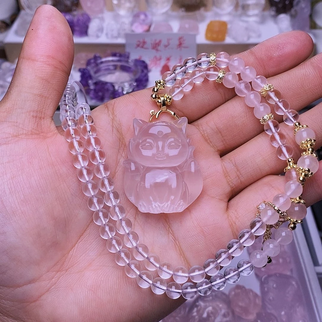 水晶颈饰未镶嵌粉水晶小胖狐吊坠 送链子