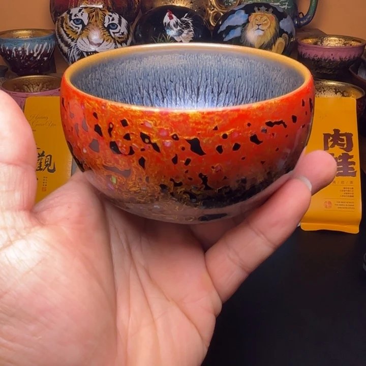 茶盏大漆黑红百花