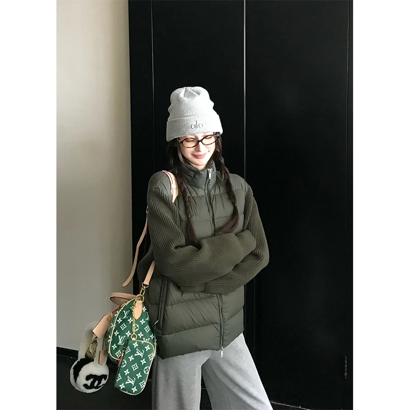 2025冬季新款立领纯色加厚保暖拼接毛织棉服外套女通勤风百搭上衣
