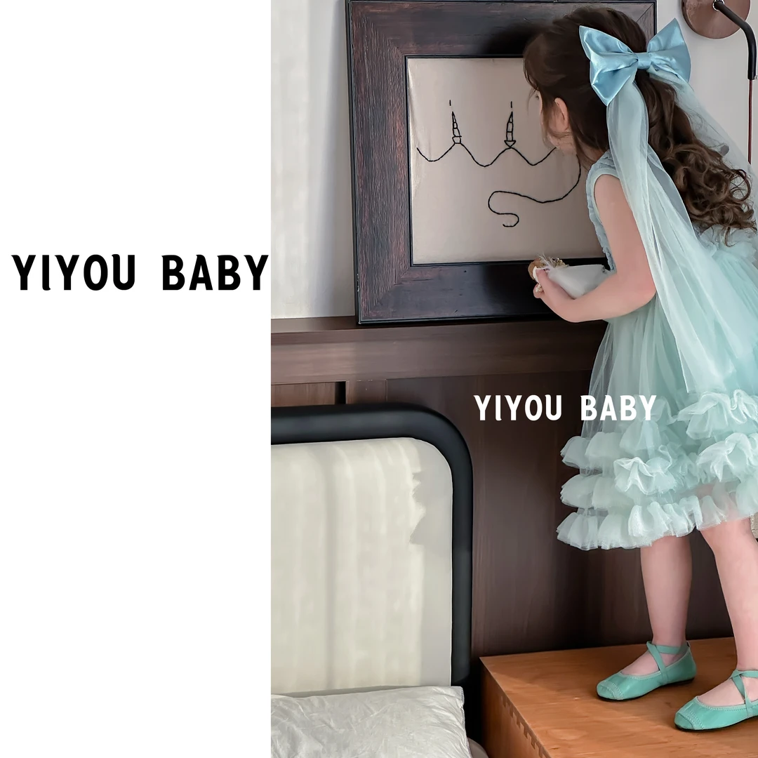 原创重工女童浅蓝色头纱春夏甜美生日公主周岁礼服裙派对节日套装