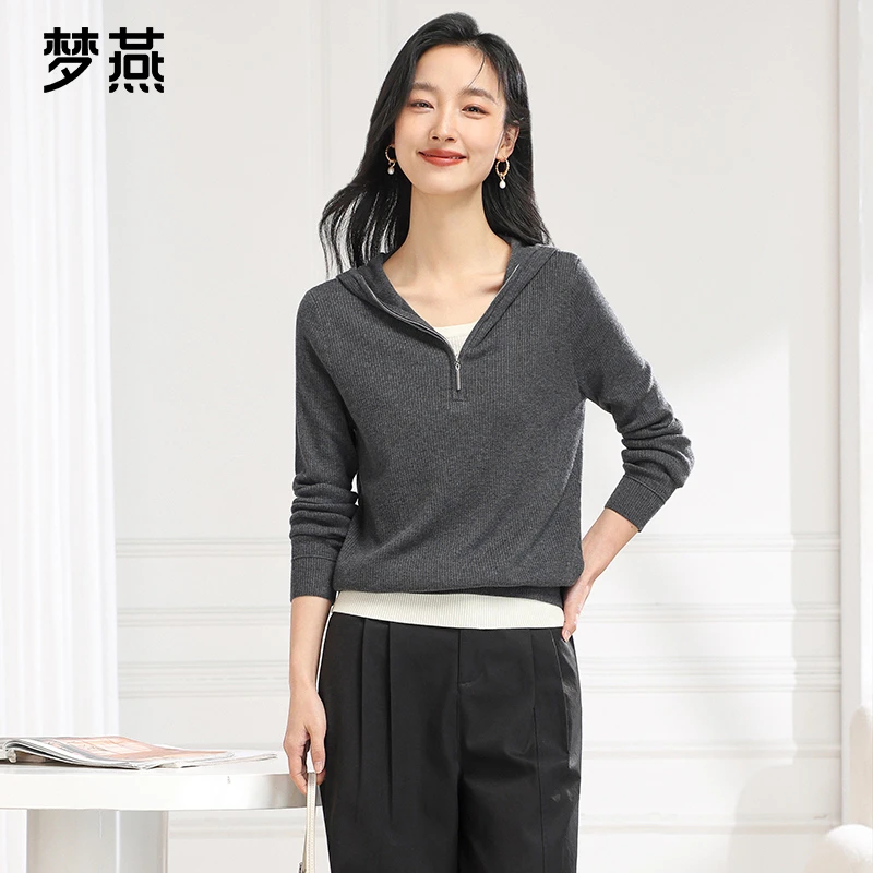 梦燕春秋女款优雅风套头百搭毛针织衫宽松休闲时尚帽衫AC04B4029D