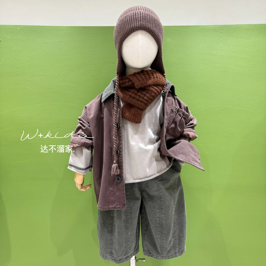 【W+韩系童装】秋款儿童韩版男女宝可穿拼色领口风衣外套 25238