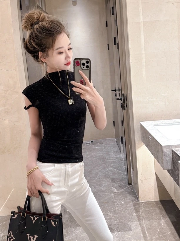 【茹哥】2025欧货烫钻设计感洋气半高领修身辣妹短袖8700