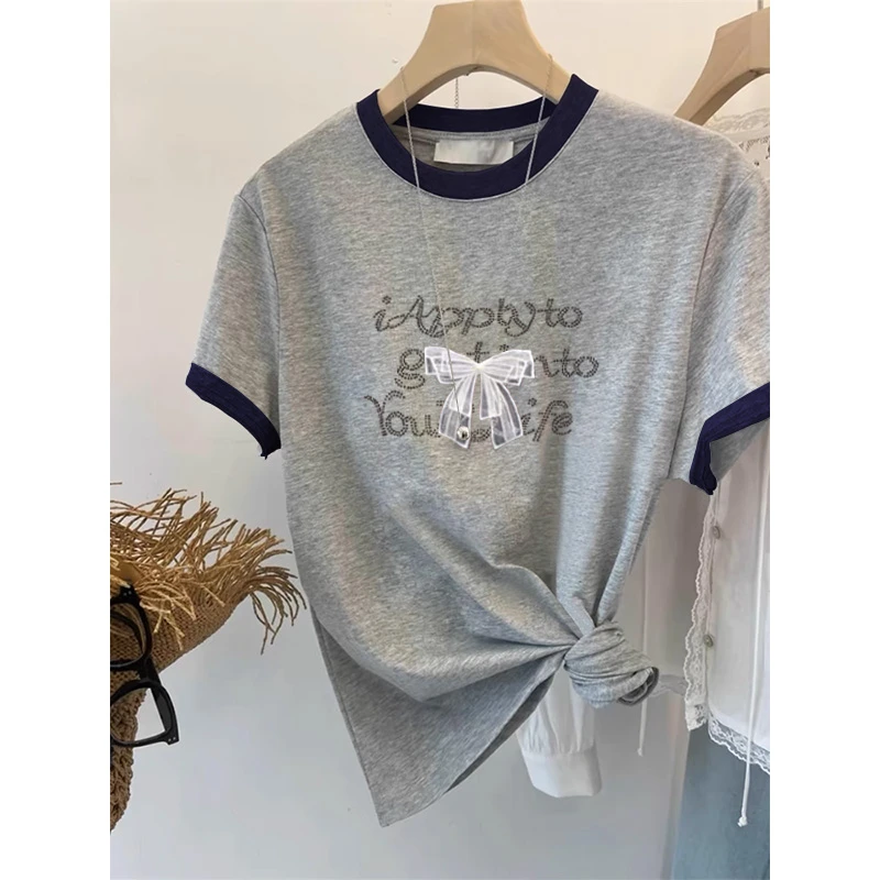 拼色正肩纯棉短袖t恤女2025新款小众不撞款时尚百搭灰色上衣夏季