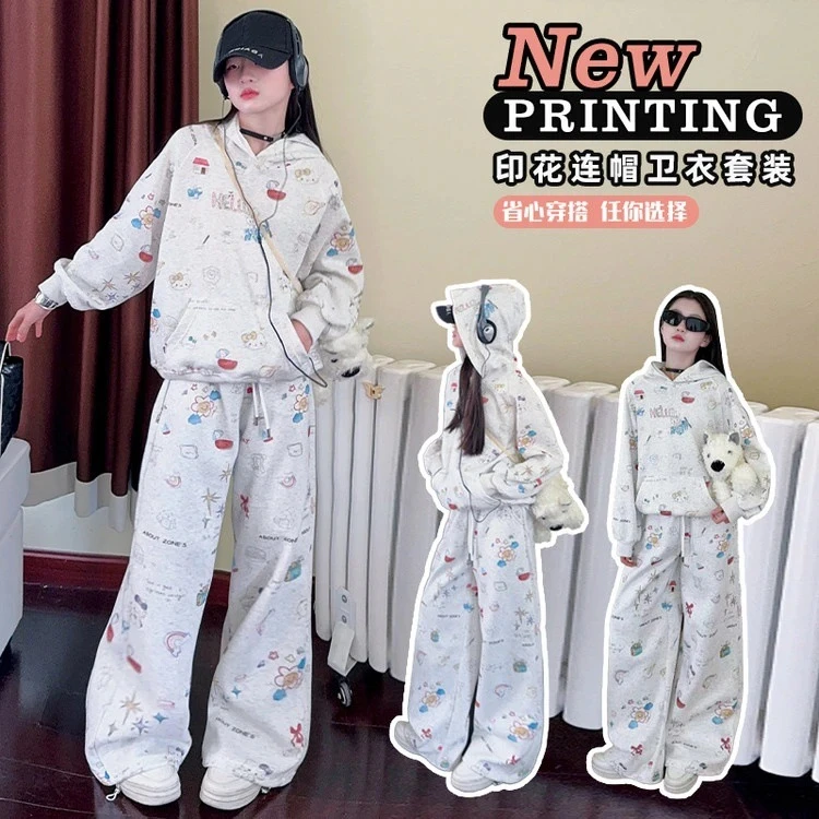 女童中大童满印KT猫连帽卫衣套装时尚休闲宽松亲子款卫衣阔腿裤