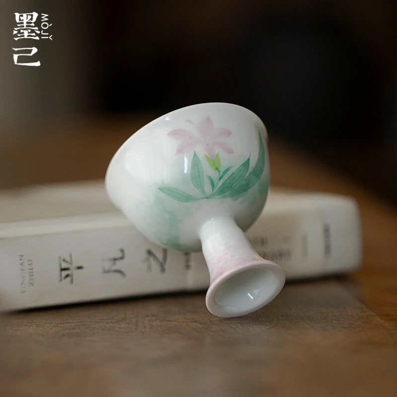 墨己仿宋高足茶杯手绘鸢尾凝露家用主人杯茶具品茗杯文人器单杯