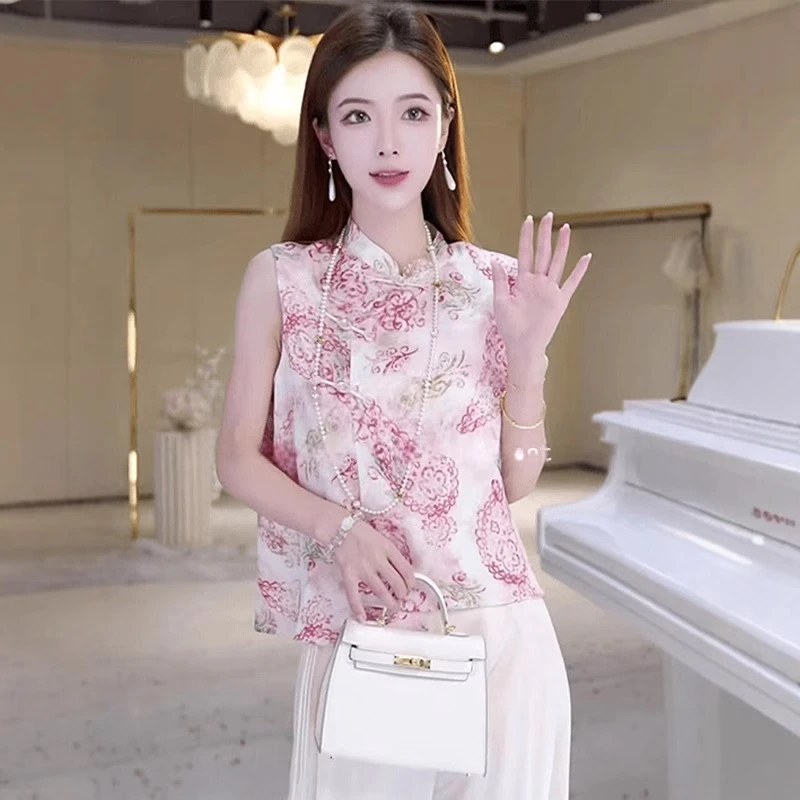 中年妈妈夏装新国风马甲2025新款中老年女士夏季百搭遮肉立领上衣