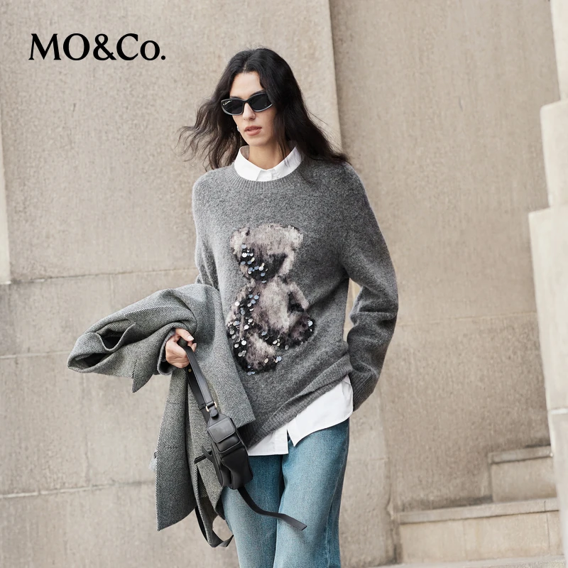 MOCO毛衣冬绵羊毛羊驼毛粗纺毛绒小熊图案宽松MBD4SWTT03