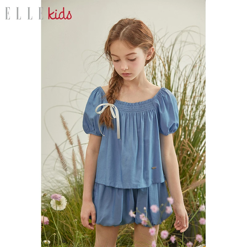 3042【ELLEkids】仿天丝牛仔打揽宫廷短袖上衣小衫女童夏季T恤宽松