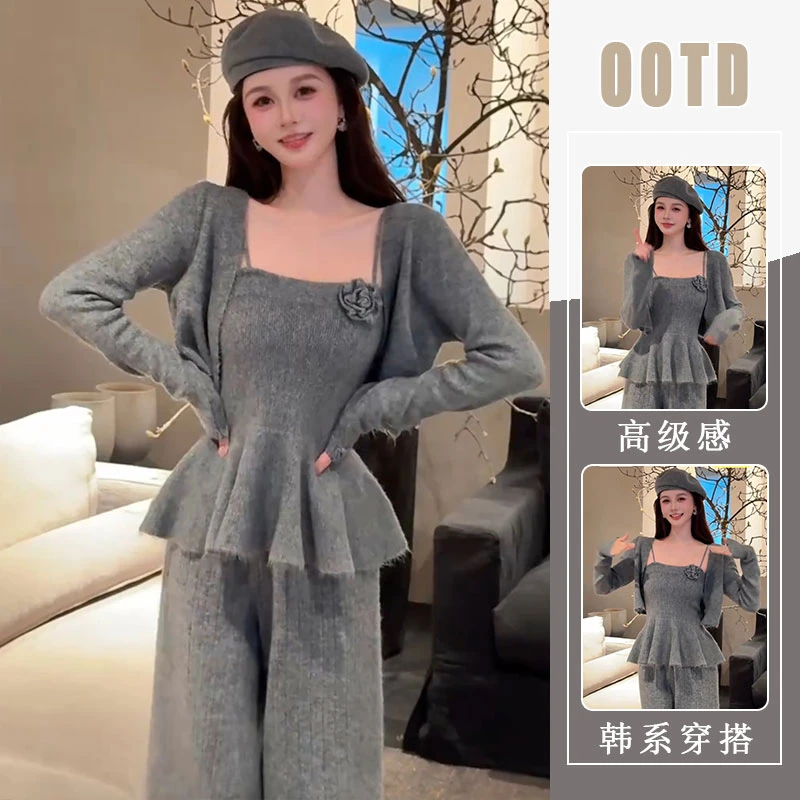 复古气质设计感荷叶边收腰背心+短款小开衫+休闲直筒裤三件套女秋