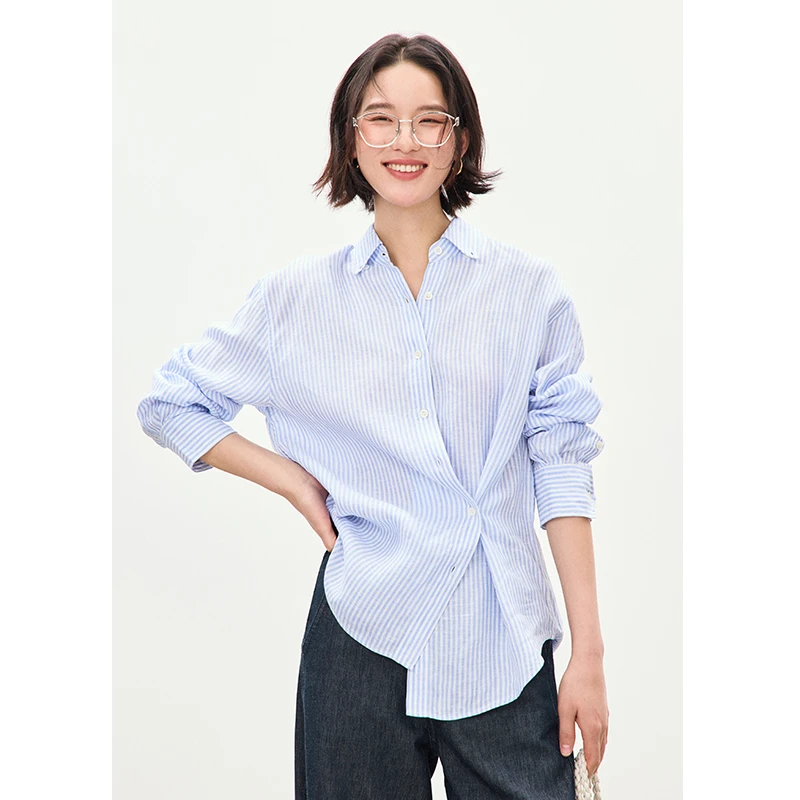 鲸乎经典条纹蓝白亚麻衬衫女2025春季新款法式气质通勤收腰衬衣