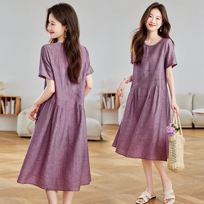 妍蝶女士连衣裙2025夏季新款时尚简约休闲宽松显瘦短袖中长款裙子