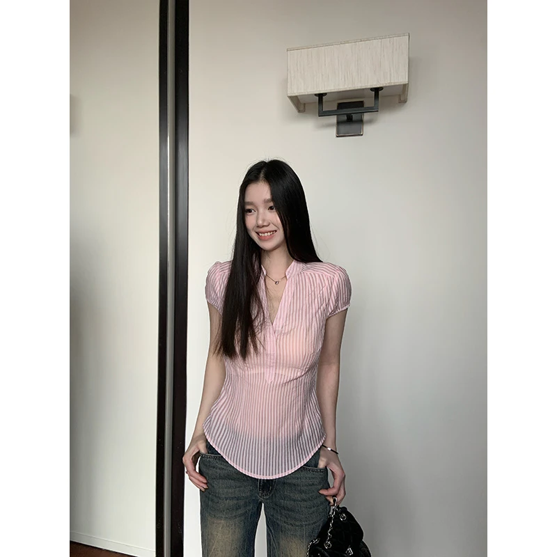 YOKLASS少女家【现】粉色条纹V领短袖衬衫春夏季中式小众上衣C30524