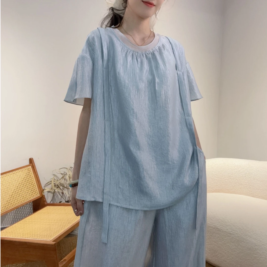 相菲一精品风夏季时尚气质休闲百搭两边飘带短袖套头上衣