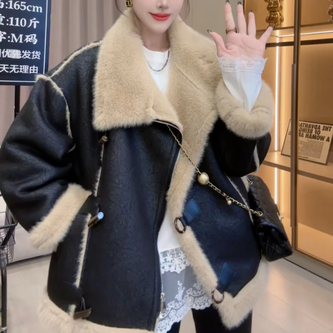 【小雪严选】冬季皮毛一体机车服女加厚毛毛外套6785