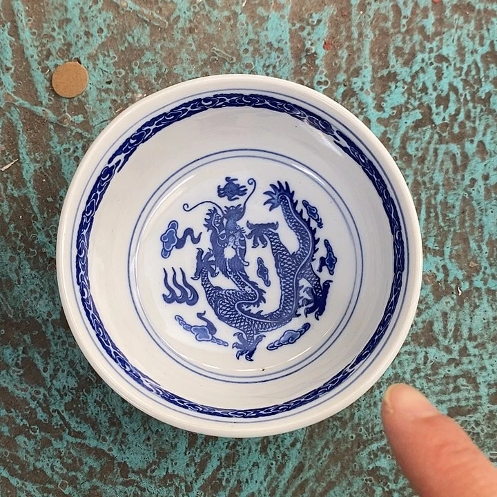 摆件陶青花双龙戏珠4.5寸碗