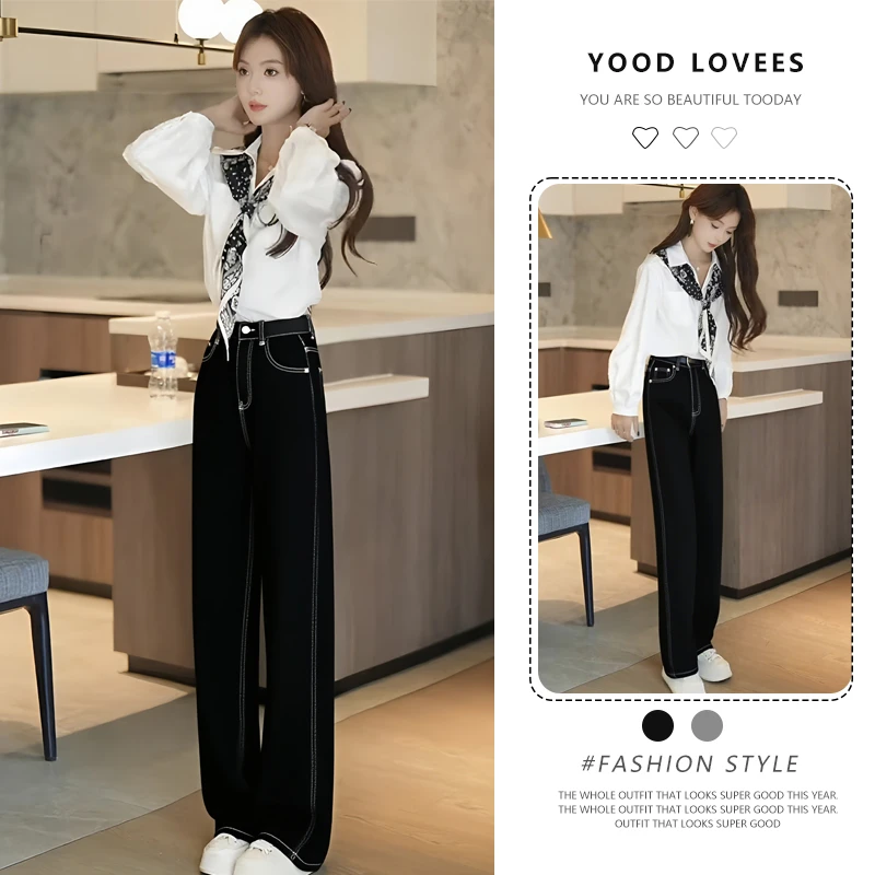 2025超火穿搭一整套干练通勤风白色polo领衬衫高腰牛仔裤两件套装