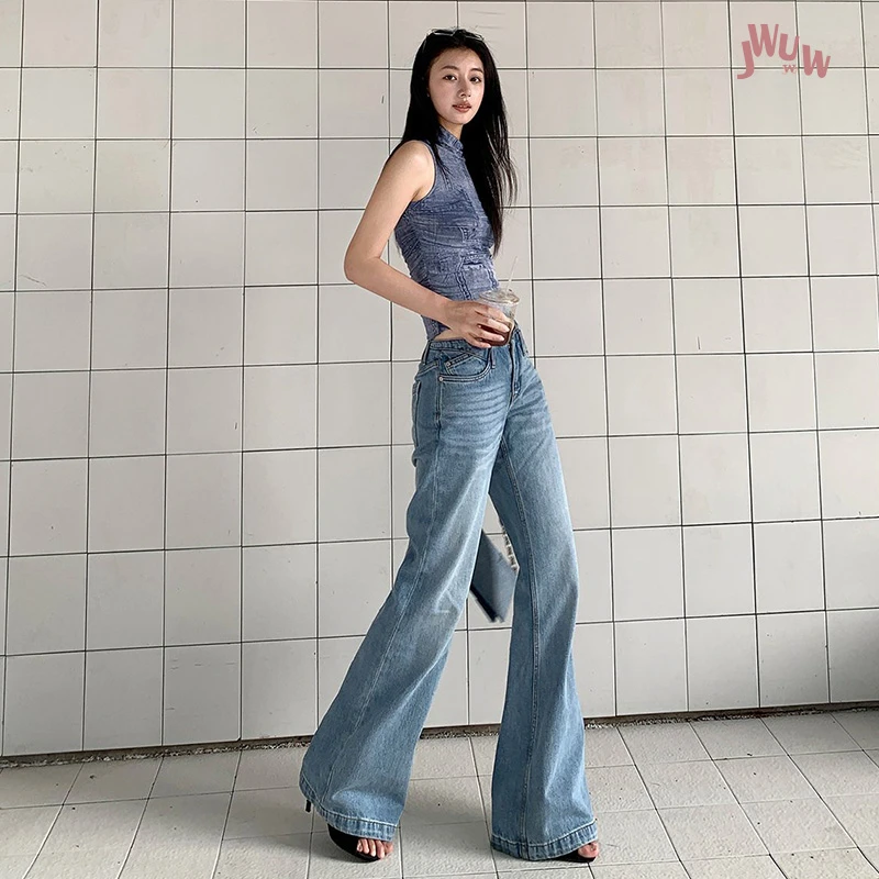 JWUW夏季无腰头凉感复古水洗低腰垂感直筒牛仔裤女拖地长裤子