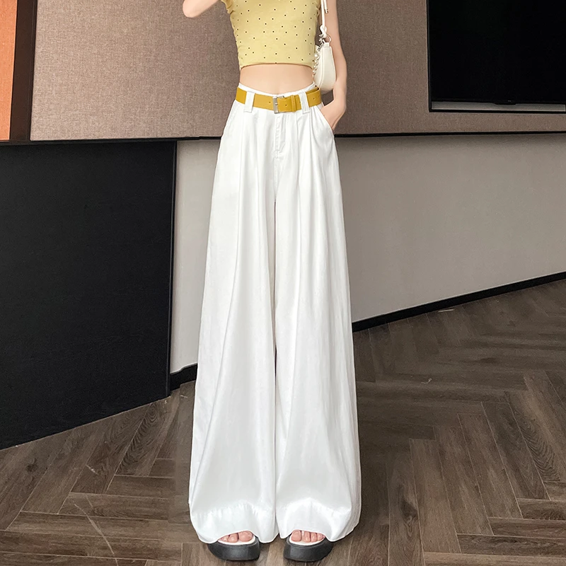 白色天丝阔腿牛仔裤女2025夏薄高腰压褶宽松不贴腿莱赛尔垂感裙裤