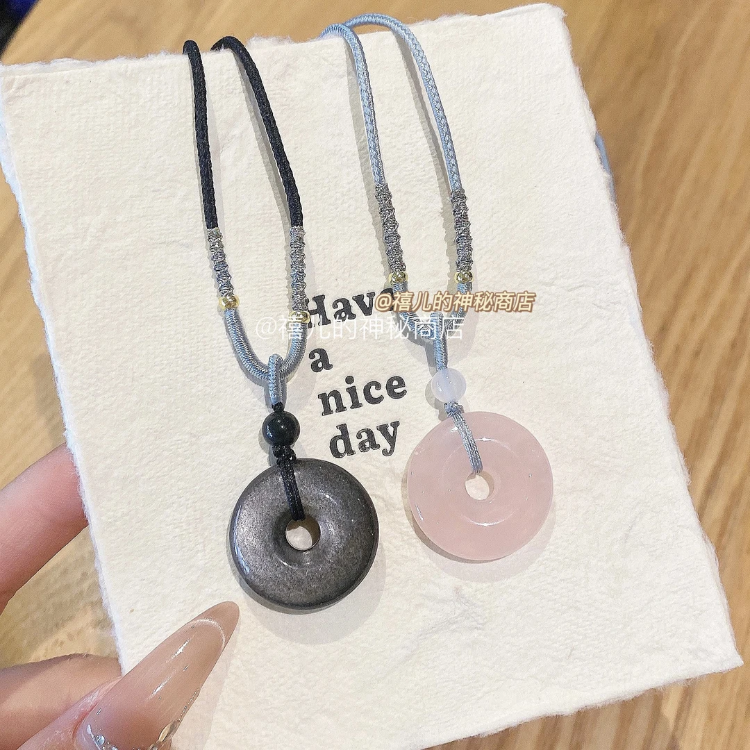 ·平安扣·天然粉水晶银耀石平安扣项链