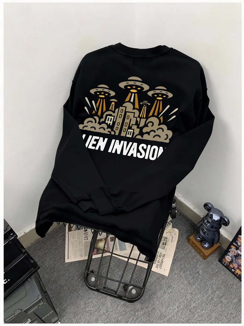 【重磅纯棉】外星入侵长袖T恤春秋潮牌街头男装圆领宽松ins打底衫T