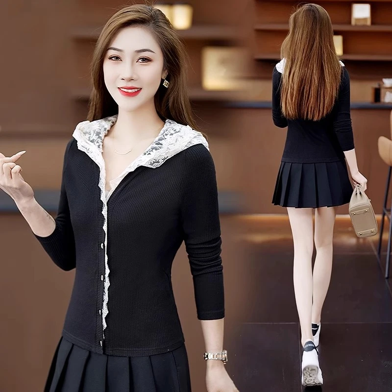 洋气春季新款黑色休闲连帽长袖t恤打底衫女装宽松花边上衣小衫