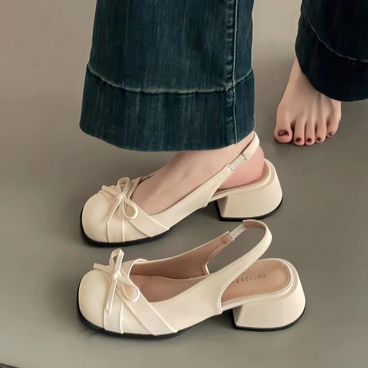 法式蝴蝶结粗跟高跟鞋女2025年新款夏季配裙气质包头小凉鞋单鞋女