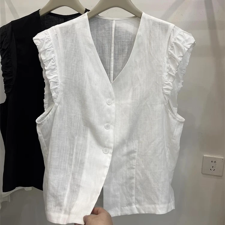 V领纯色无袖马甲衬衫女夏款2025新款爆款夏季漂亮小衫短款上衣女