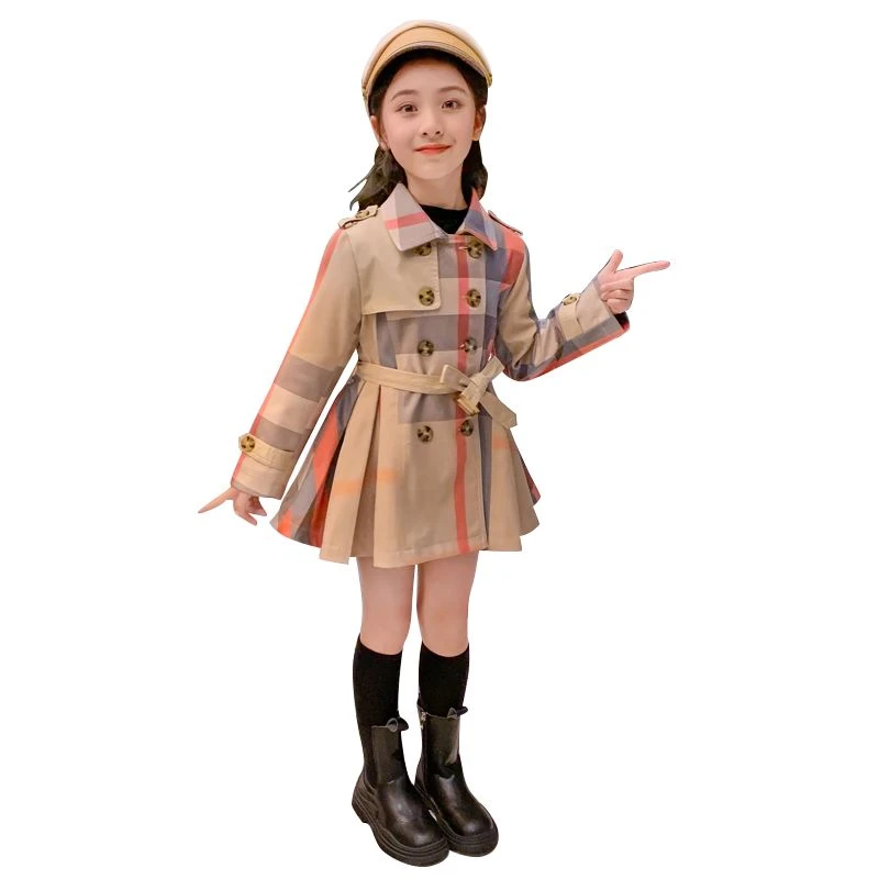 女童网红风衣春秋装中大童韩版千鸟格收腰外套上衣女孩中长款大衣