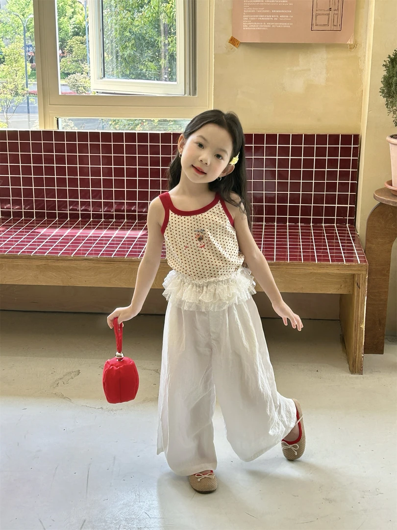 2025夏季女童爱心吊带背心休闲裤两件套套装B5155吊带花边裤1234