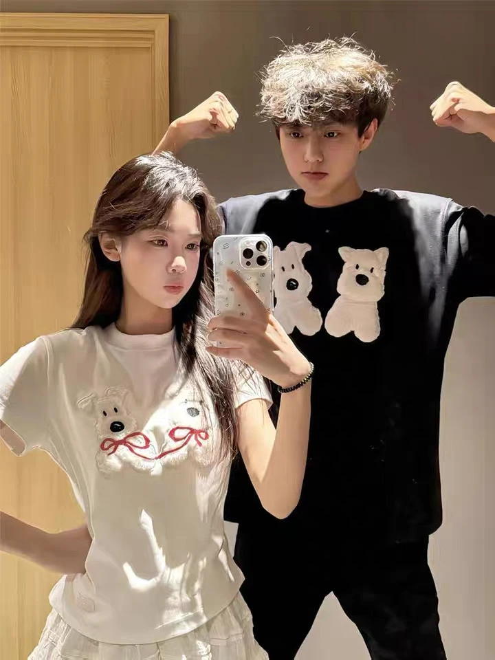 情侣装短袖t恤立体刺绣2025新爆款一男一女夏季高级感宽松情侣T恤