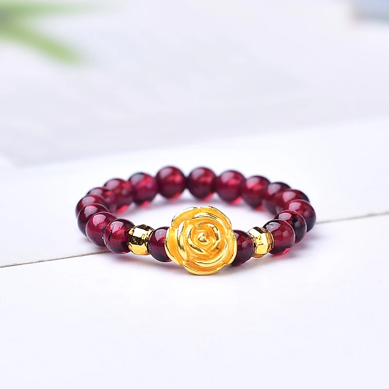 【黄金补贴】足金玫瑰花搭配天然石榴石女士戒指（证书.礼盒）