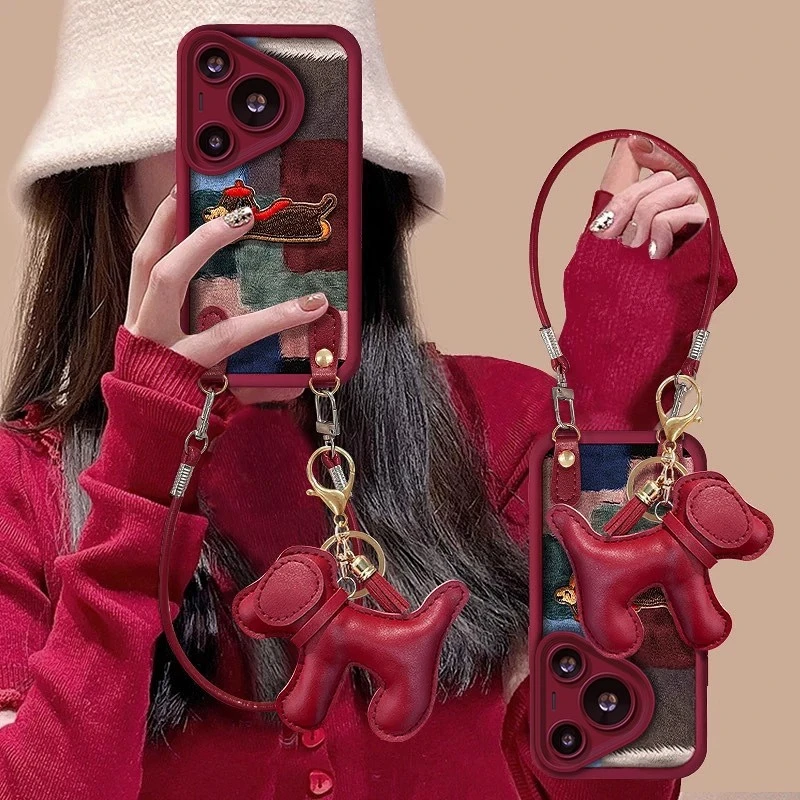 拼接小狗适用华为pura80promax手机壳pura70pro新款p60酒红小羊皮