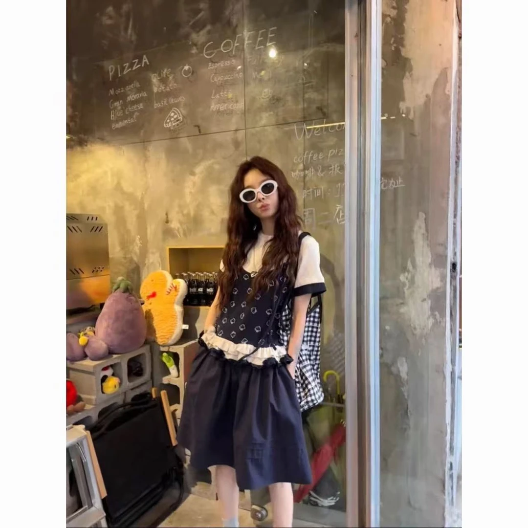 漂亮独特花边拼接连衣短袖创意日常减龄女款修身新款T恤夏