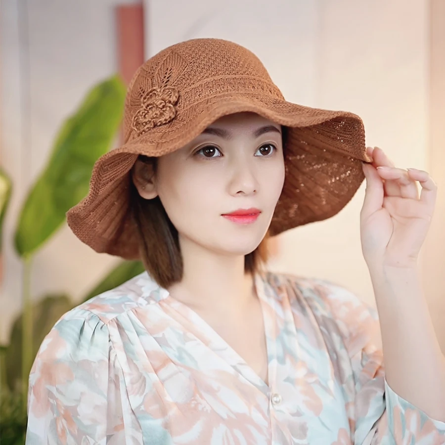 新款帽子女夏季镂空遮阳帽渔夫帽女士户外洋气透气防晒沙滩太阳帽