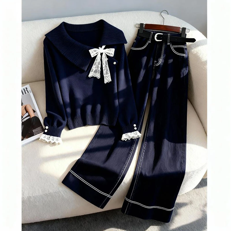 慵懒风洋气蕾丝花边拼接上衣女款秋冬季新款高腰小个子裤子两件套