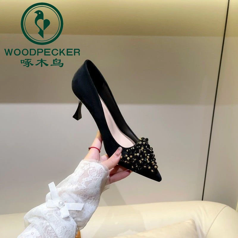 啄木鸟绒面法式细高跟鞋女2025秋气质尖头水钻不累脚职业浅口单鞋