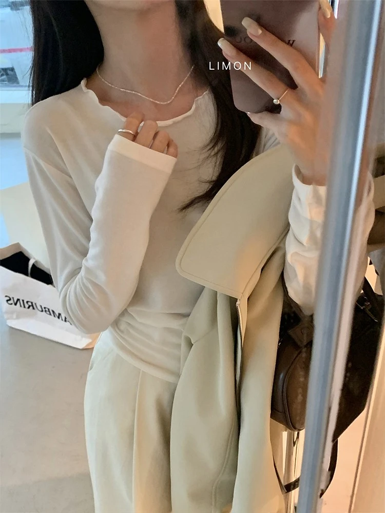 白色长袖T恤女秋季新款木耳边可叠穿上衣温柔气质打底衫多色内搭