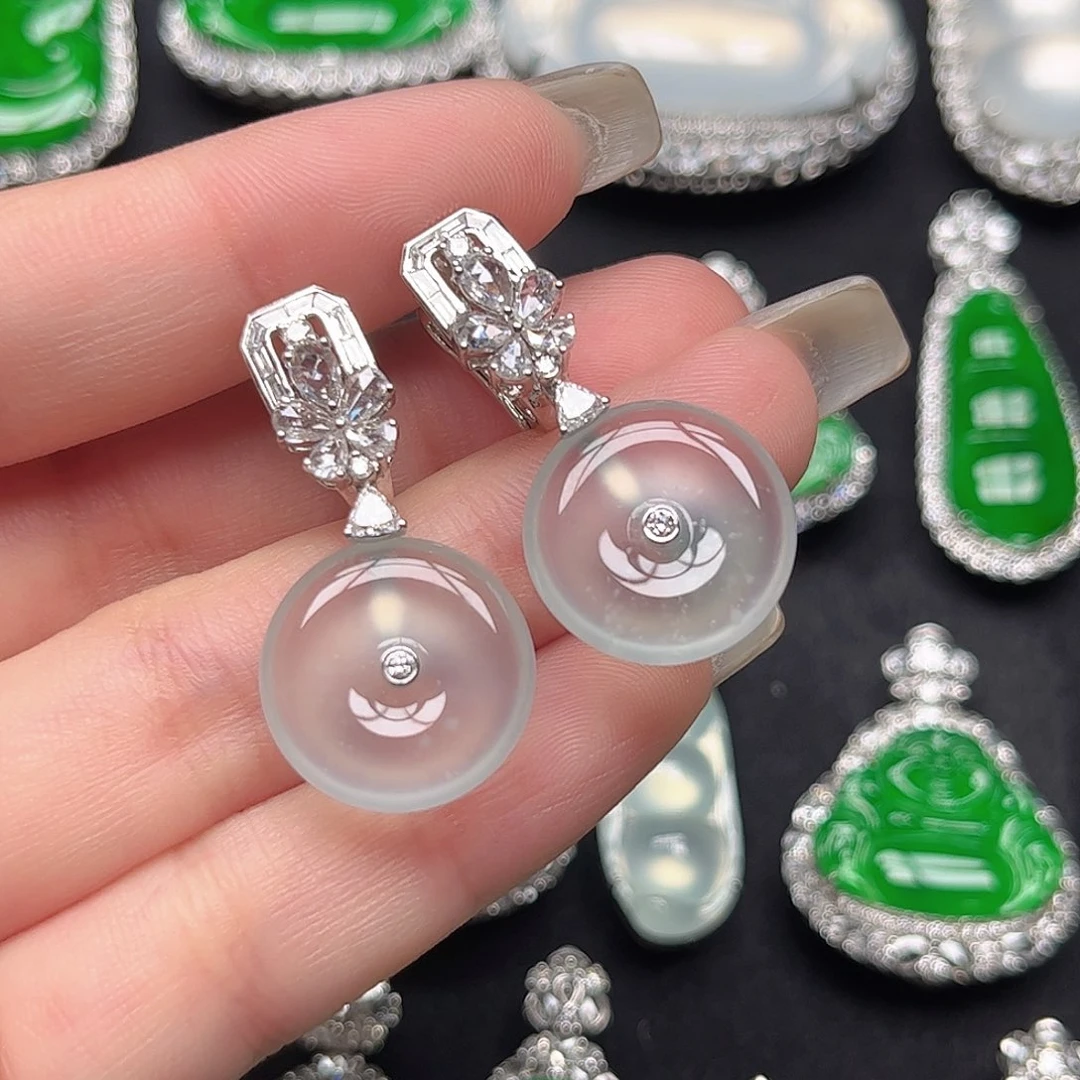 翡翠18K金镶嵌颈饰高冰玻扣子耳坠