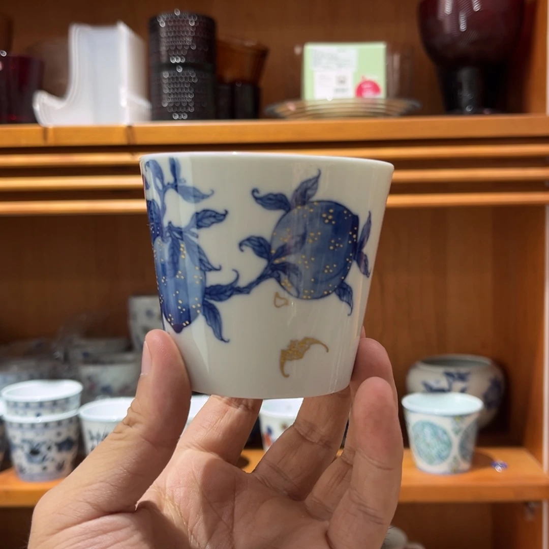 千予青花手绘寿桃手握