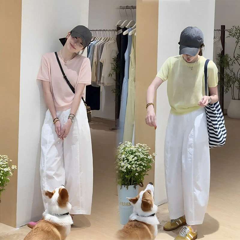 森系显瘦时尚休闲风小个子设计感针织衫短袖显瘦气质阔腿裤两件套