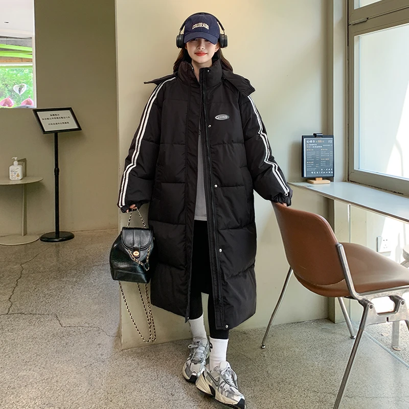 情侣长款黑色加厚棉衣韩版学生宽松休闲百搭条纹棉服过膝外套女