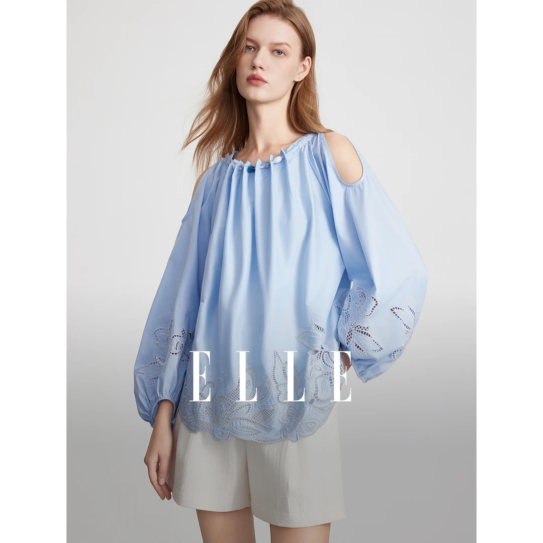 ELLE波嬉度假风镂空小衫女2025夏季新款露肩圆领气质上衣EM51228