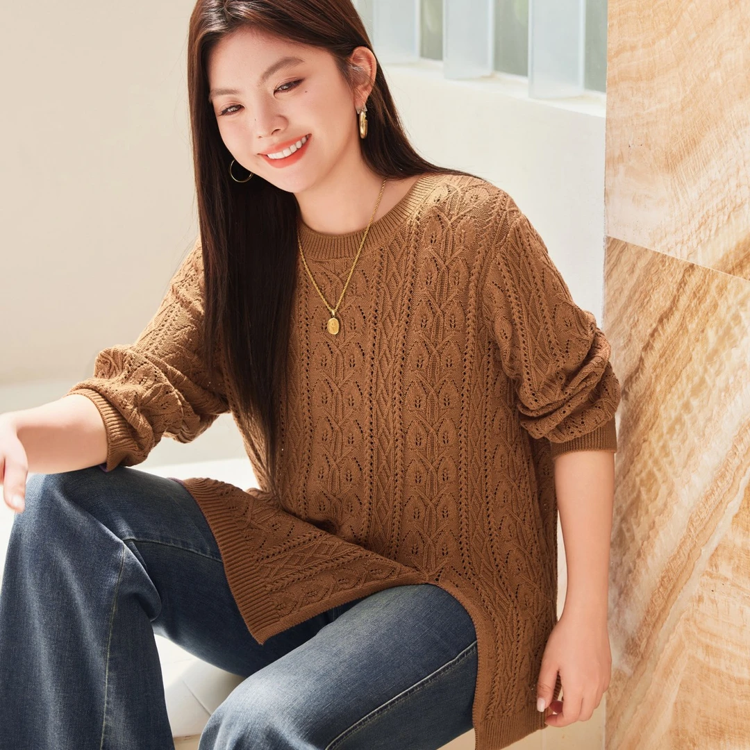 MsShe大码女装2025新款秋流光风宽松中长款圆领套头毛衣C2508017