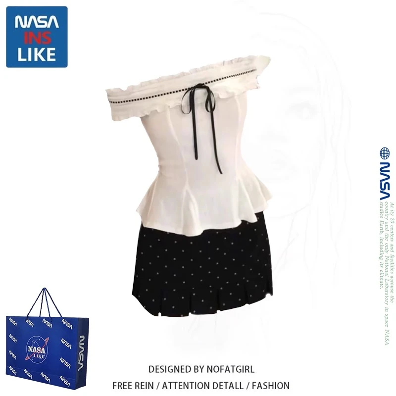 NASA法式纯欲花边一字肩短袖衬衫女夏季新款修身显瘦甜辣妹上衣服