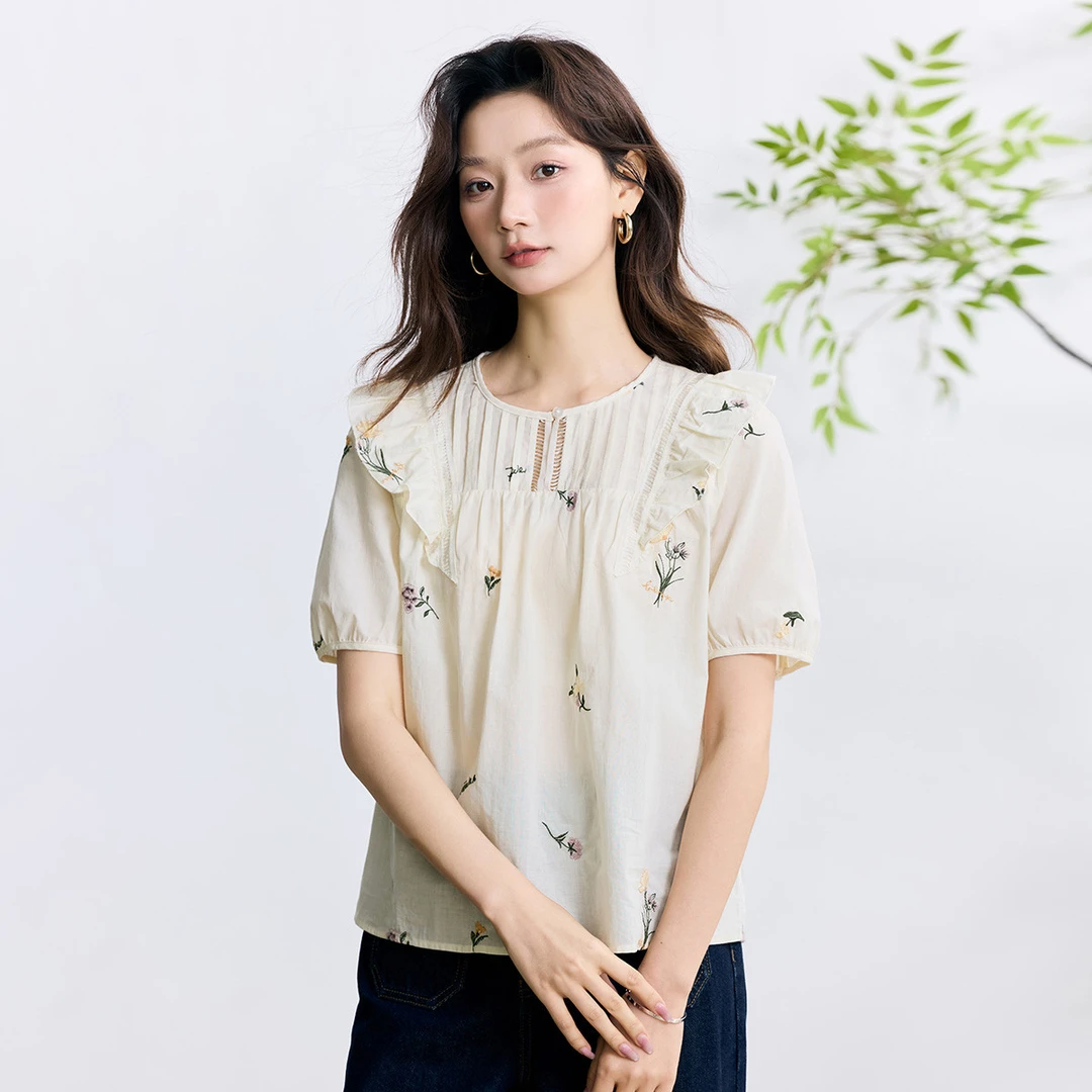纯棉法式荷叶边短袖衬衫女2025夏季田园绣花舒适气质薄款衬衣