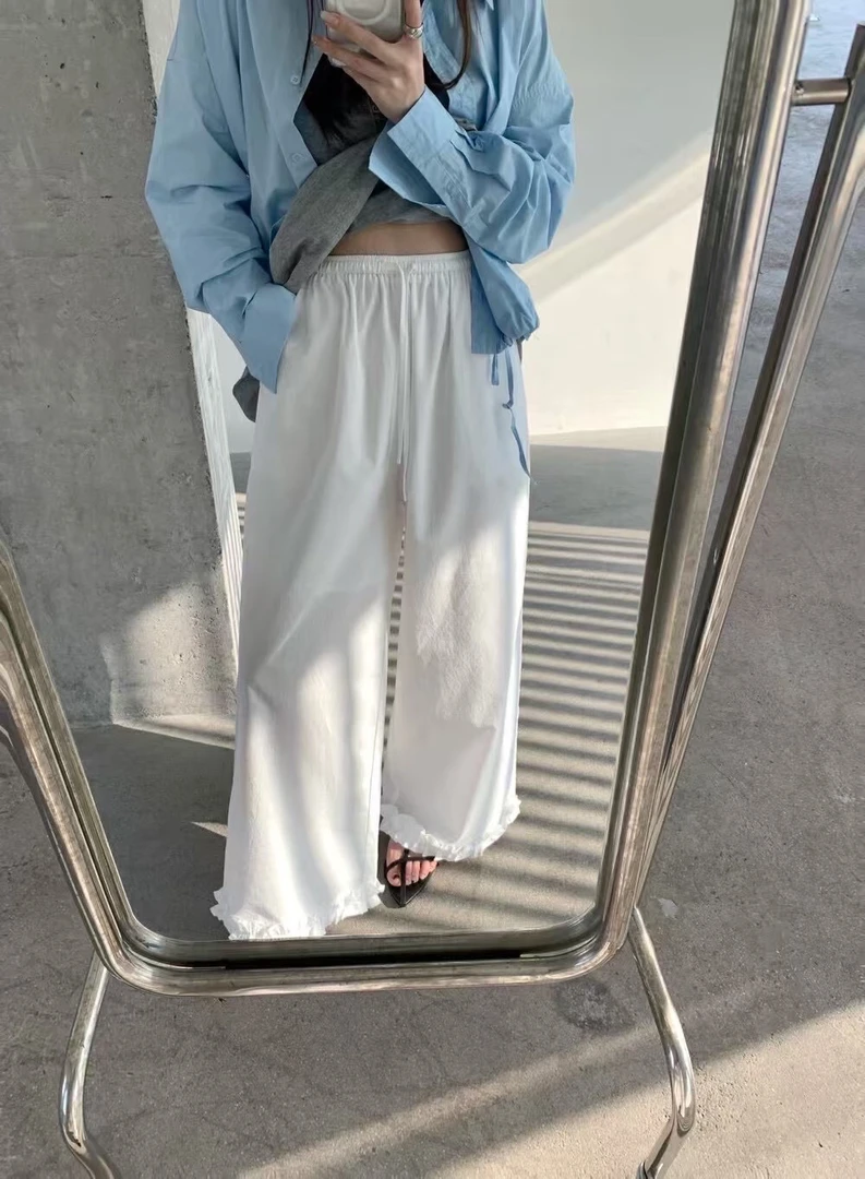 裤脚木耳边速干阔腿裤女夏新品显瘦轻薄休闲裤凉爽百搭长裤